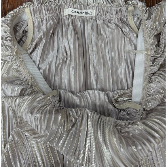 Caramela M Metallic Silver Off Shoulder Maxi Dress Evening Gown Elegant Chic - Picture 12 of 13